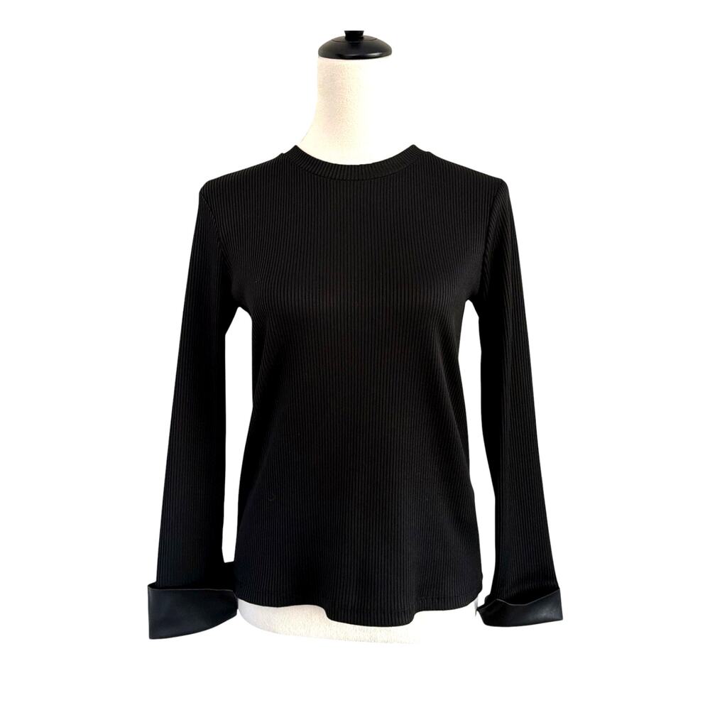 Zara Black Ribbed Knit Top Faux Leather Cuff Long Sleeve Crew Neck Medium Edgy